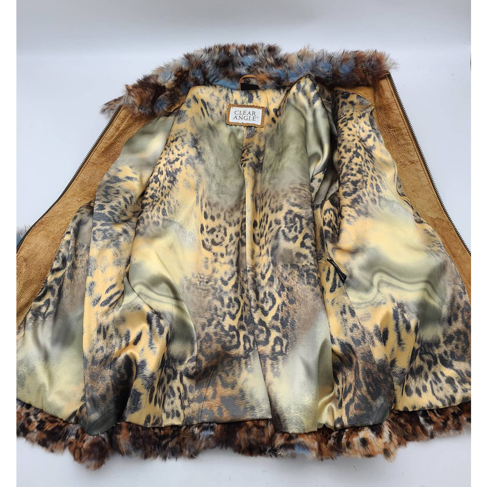 CLEAR ANGLE Women's M Jacket Soft Tan Genuine Leather Fur Trim Zip Front Luxury - Picture 6 of 10
